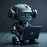 Roboter mit Laptop und Kopfhörern